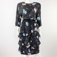 Choon California Vintage 80s Dress Size M Black Floral Tiered Ruffle Blouson