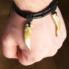 Wolf Fang Bracelet HANDMADE Black Genuine Leather Bracelets Viking Tiger Teeth