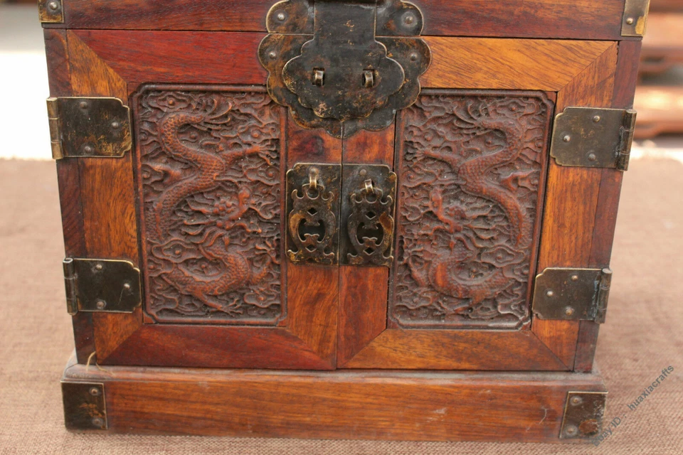 10.8" Collection China Dynasty Old Wood Handmade Dragon Cabinet Box Boxes Drawer - Image 3 of 4