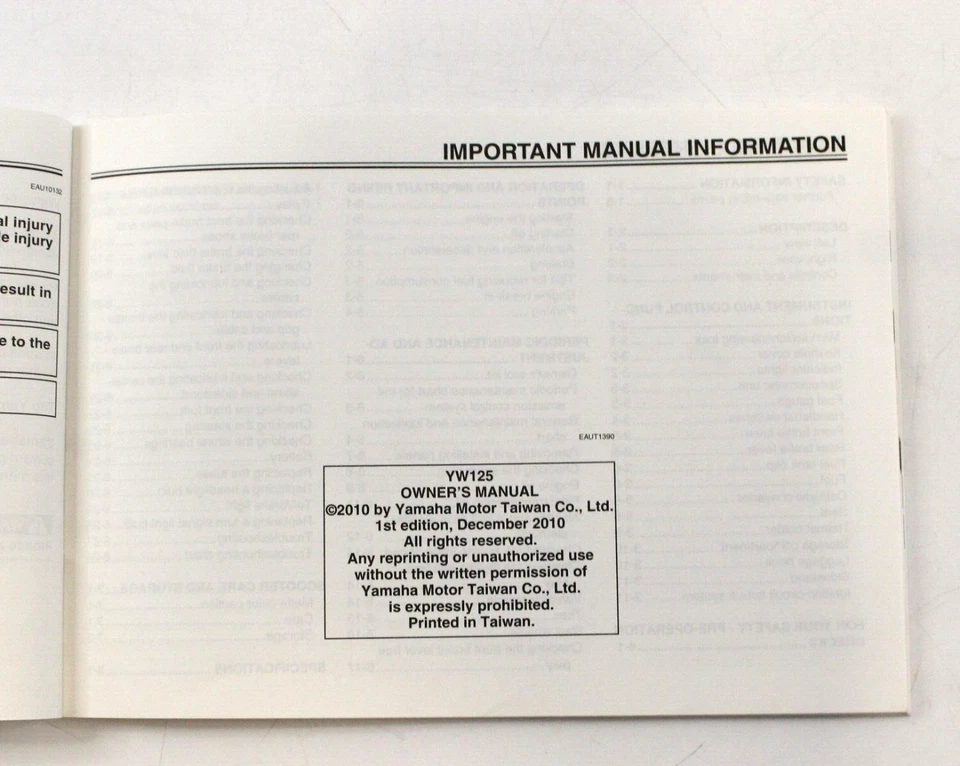 Genuine 2010 Yamaha BW'S / YW125 / English Owner's Manual 1CXF8199E0 - Image 2 of 4