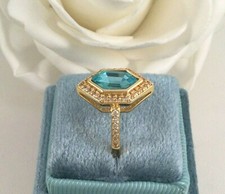 Vintage Jewellery Gold Ring Blue Topaz and White Sapphires Antique Deco Jewelry 