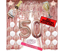 50th Birthday Rose Gold Decorations - 40" Number Balloons, Foil Curtains  More
