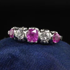 Vintage Retro Platinum Old Euro Diamond and Pink Sapphire Five Stone Ring