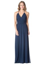 Draped Chiffon Embellished Crystal Neckline Navy Blue Sz 10 Formal Prom Dress