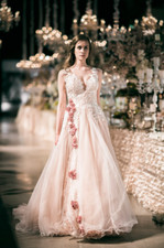 Pink Champagne Wedding Dresses 3D Florals Elegant Deep V Neck A Line Bridal Gown