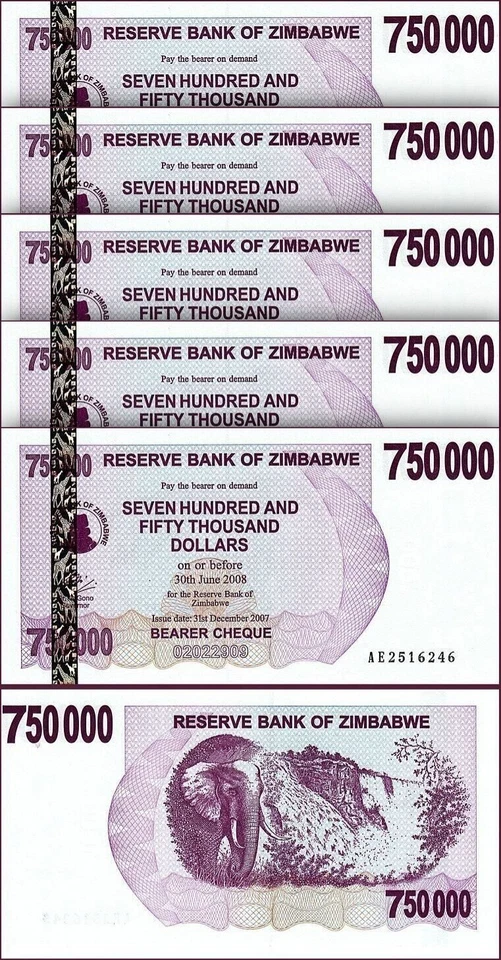 Zimbabwe 750000 Dollars 2007, UNC, 20 Pcs LOT, Consecutive, P-52, Bearer Cheque - Image 2 of 4