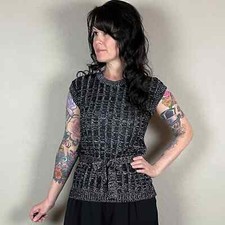 Vintage 1970s Black and Silver Sleeveless Belted Sweater - S/M