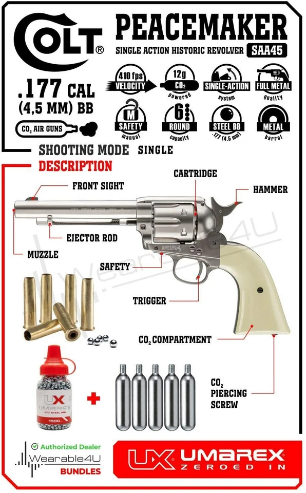 Umarex Colt SAA45 Peacemaker .177 BB Air Revolver w/ CO2 Tanks & 1500 Steel BBs - Image 2 of 4