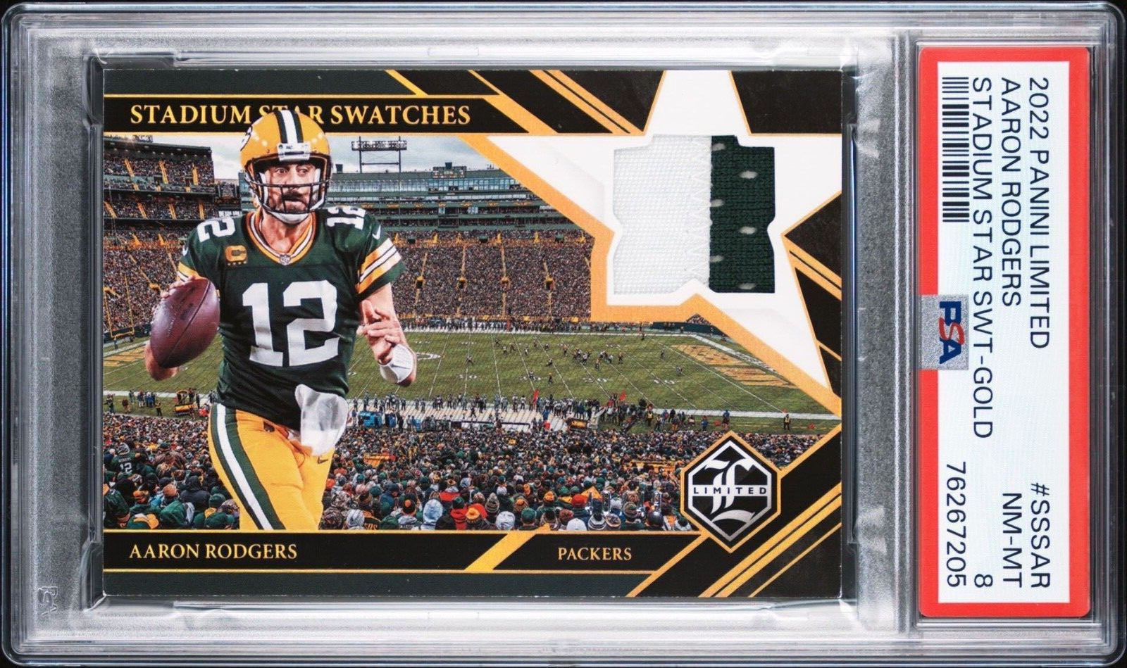 2022 Panini Limited Stadium Star Swatches Gold Aaron Rodgers 40/49 SSSAR PSA 8