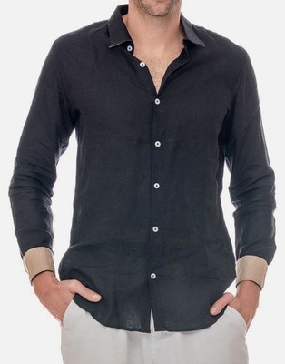 LINEN ATTIRE BY RANEES MIAMI Men's Black 101 Linen Button-Up Shirt Size XXL