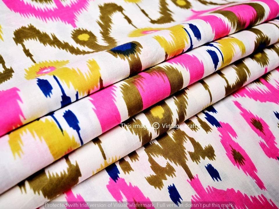 5 Yard Indian Hand Block Ikat Print Pure Cotton Dress Running Fabric Pink White - Image 4 of 4