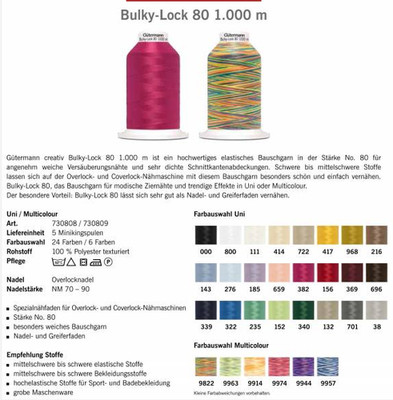 Gütermann Nähgarn 1000m BULKY-LOCK 80 Bauschgarn für Overlock + Coverlock