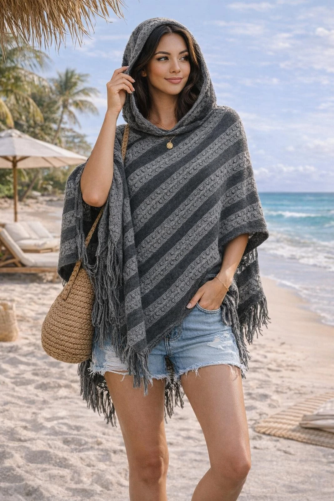 Shein Grey Knit Hooded Poncho Shawl With Fringe Coastal Boho Cover Up- One Size