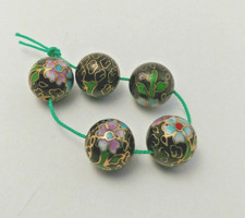 5 Vintage round black Cloisonne Beads 12mm