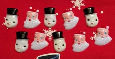 10 Vintage Plastic Snowmen Santa Head Cupcake Toppers 2"