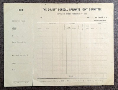 1959 County Donegal Railways Return of Fares Form   Unused Irish Railway
