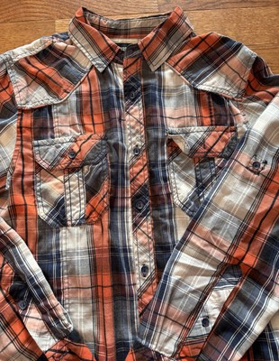 MK Machine Push the Limit Orange Plaid Mens Button Up Long Sleeve Shirt Size M