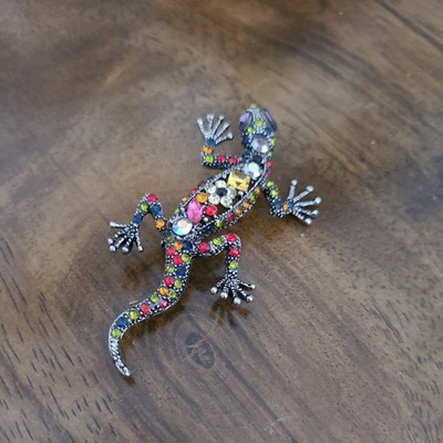 Lizard Brooch Pin jeweled Rhinestone gecko statement piece colorful purple rain