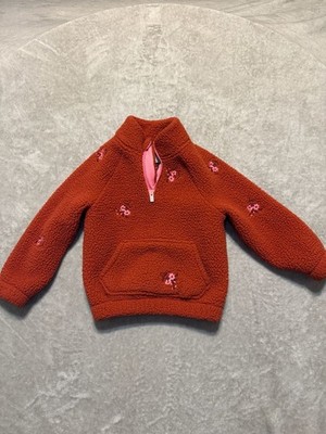 Old Navy Girls Rust Orange Floral Embroidered Half-Zip Sherpa Pullover Size 4T