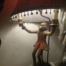 BILL HUEBBE  Monkey Butler Folk Art candle holder, made into a table lamp