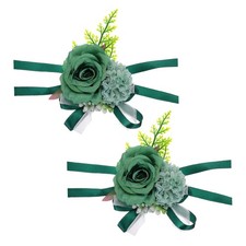 2Pcs Artificial Corsage Wristlet Flower Wrist Prom Corsage Dark Green