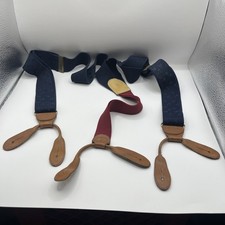 Martin Dingham Men Suspenders Braces Blue Red Elastic Brown Leather Vintage