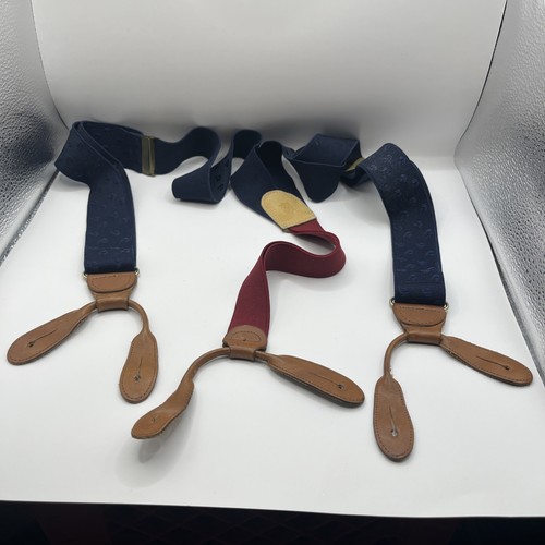 Martin Dingham Men Suspenders Braces Blue Red Elastic Brown Leather Vintage