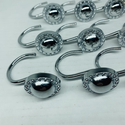 Round Twofishes style Shiny Silver Button Shower Curtain Hooks Set Of 12