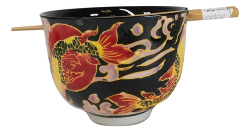 Schwarze Orientalische Koi Fische Keramik Donburi Ramen Suppenschüssel mit Essstäbchen Set - Bild 4 von 9