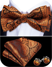 Paisley Striped Bow Tie for Men Silk Pre-Tied Bowtie Pocket Square Cufflinks Set