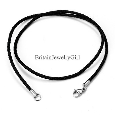 22'' Unisex Black Leather Twisted Braided Rope Cord Necklace for Men Women*2MM