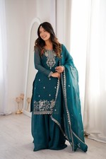 Women Sharara Suit Set Crunchy Silk Embroidered Kurta Dupatta Set Teal Blue