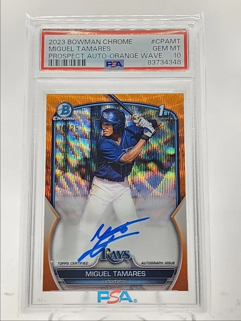 MIGUEL TAMARES 2023 BOWMAN CHROME 1ST ORANGE WAVE AUTO /25 PSA 10 Q0566