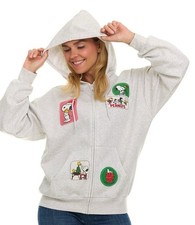 Peanuts Snoopy Friends Women XL Full Zip Grey Hoodie Patches NEW NWT