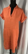 H By Halston Orange 100% Linen Lightweight Pocket Shirt Dress Size Small