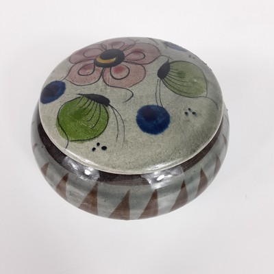 Vintage Mexico Pottery Floral Painted Lidded Trinket Box Footed Vanity