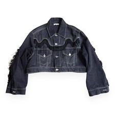 Ganni Western Fringe Rienzi Black Denim Cropped Trucker Jacket Size 36