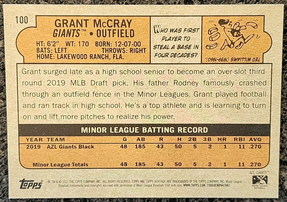 Grant McCray Signed 2021 Topps Heritage Minors Card S.F. Giants #7 Prospect! - Image 2 of 4