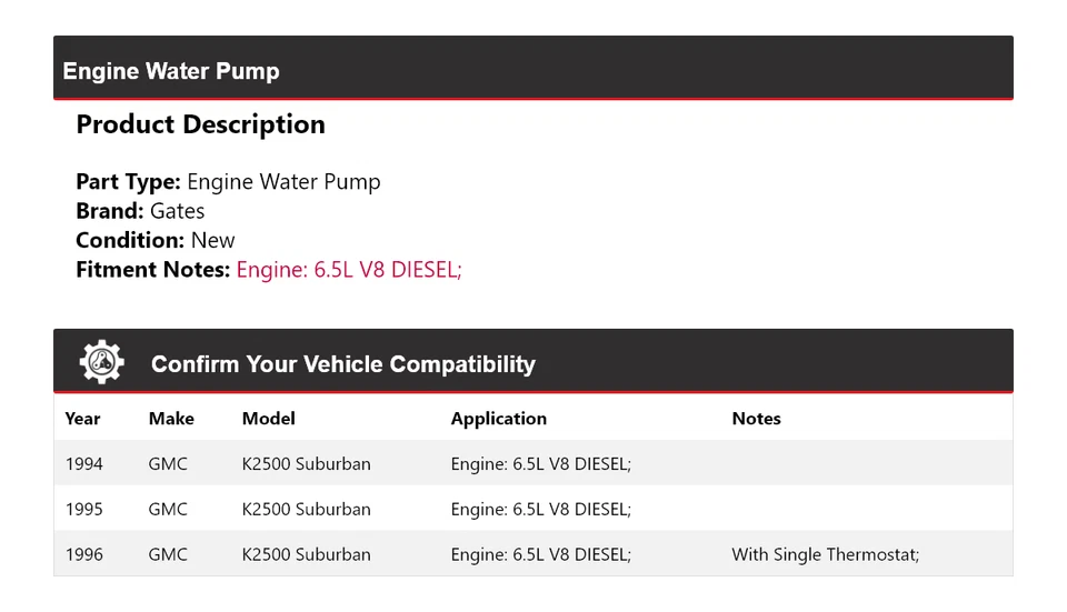 For 1994-1996 GMC K2500 Suburban 6.5L V8 DIESEL Engine Water Pump Gates 1995 - Image 2 of 4