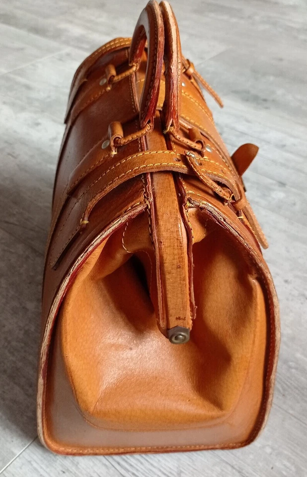 Sac à main vintage cuir marron naturel petit bagage à main vintage style médecin - Photo 2/4