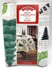 Holiday Time Xmas PEVA Tablecloth White Christmas Trees Wreaths 70” in Diameter