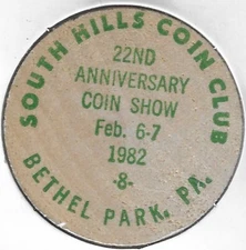 1982, South Hills Coin Club Show, Bethel Park, Pennsylvania, Wooden Nickel