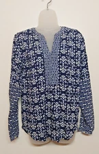 Ann Taylor LOFT Tunic Batik Navy Blue Sz Small Long Sleeve Boho Popover Top