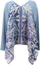 DG2 Diane Gilman Mixed Media Scarf-Print Drama Top Chambray 3X NEW (138)