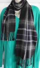 NEW CEJON Womens Long Fall Scarf, Black Plaid Fringed, 70" x 11", Italy