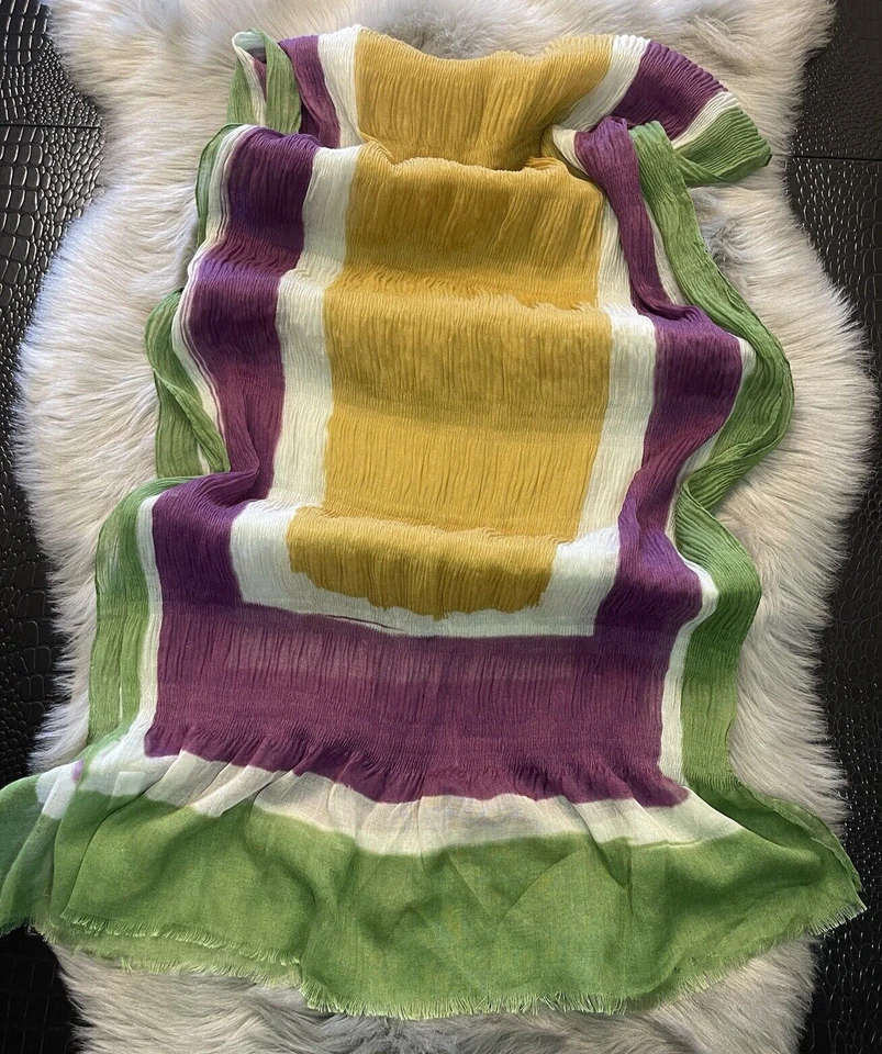 Bufanda Azul Pacífico Mezcla de Seda Lino Scrunch Delicado Tejido Volantes Dobladillo Multicolor  Foto 2 de 4