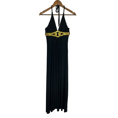 Sky Dress Womens Small Black Braided Strap Cutout Gold Belt Halter Maxi  Goddess | eBay