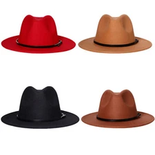 Men Women Wool Fedora Hat Felt Panama Cap Jazz Wide Brim Belt Church Cowboy