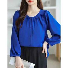 Camicia Maglia Blusa Donna Camicetta Raso Maniche Blu Elettrico 33178