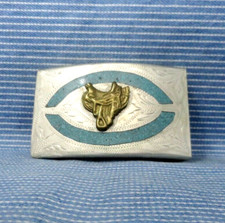 Western Saddle Belt Buckle Cowboy Cowgirl Stone Inlay Vtg Alpaca Mexico .GTA370